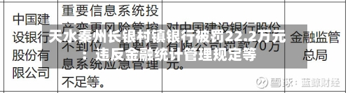 天水秦州长银村镇银行被罚22.2万元：违反金融统计管理规定等