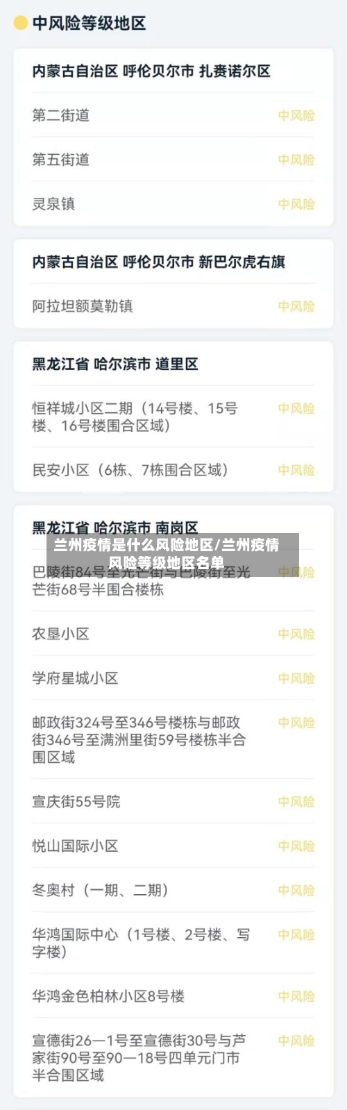 兰州疫情是什么风险地区/兰州疫情风险等级地区名单